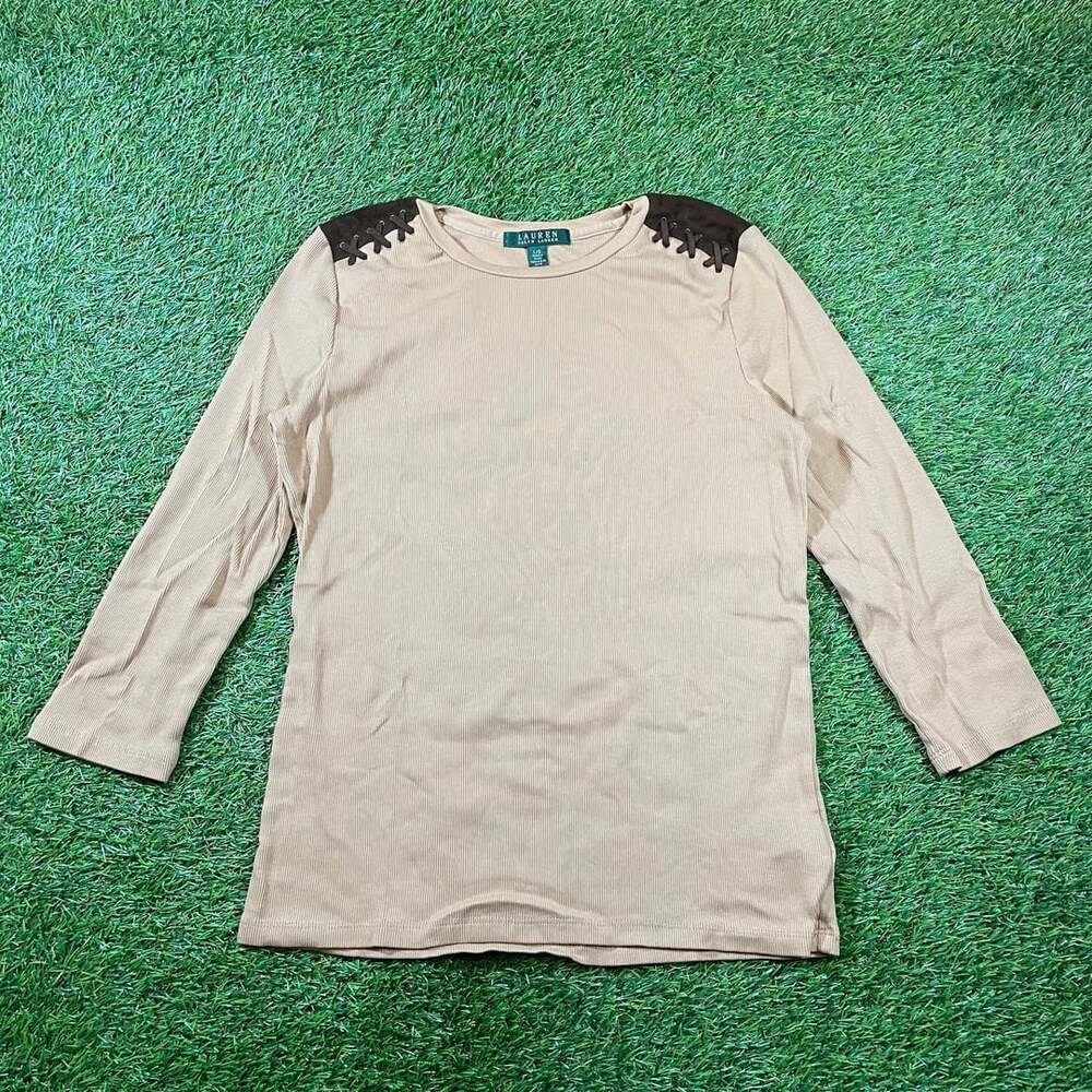 Ralph Lauren Beige Ribbed Cotton 3/4 Sleeve Top with Suede Shoulder Lacing